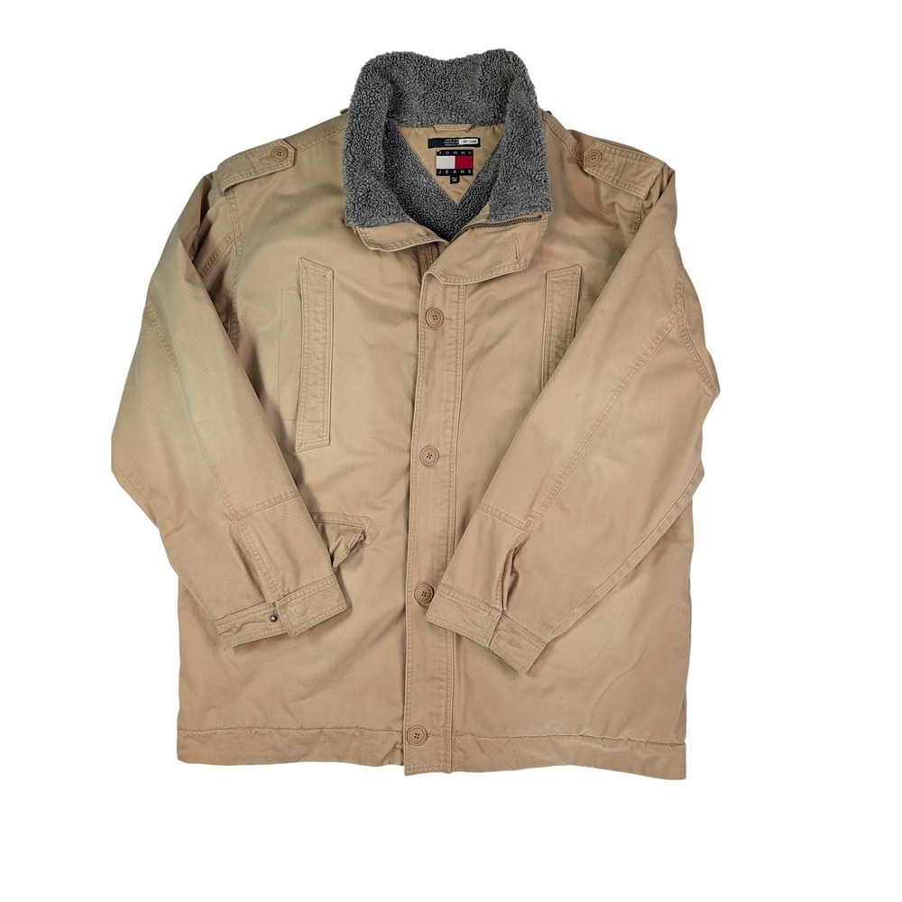 Vintage Tommy Hilfiger Jeans Sherpa Lined Field Jacket Tan Khaki Mens XL‎ 2003